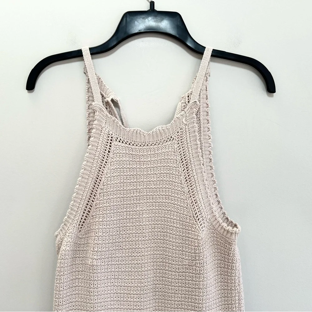 Mable Erika Tie Back Knit Crochet Cotton Sleeveless Boho Romper Beige Tan, Small